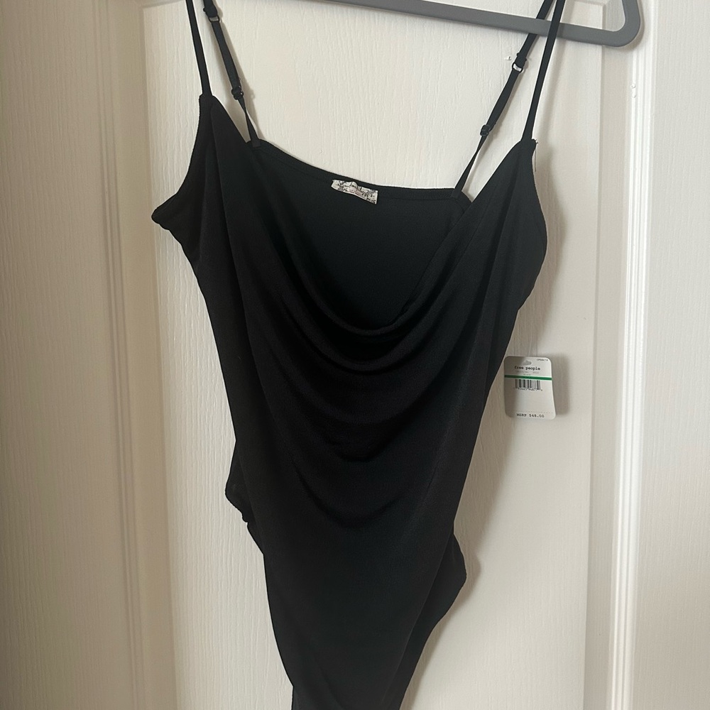Free People Black Asymmetrical Ruched Bodysuit